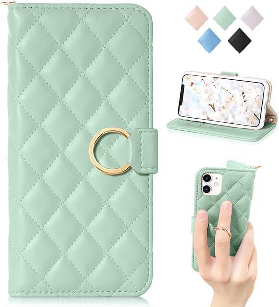 For iPhone 12ケース 手帳型 おしゃれ iPhone12 手帳型 ケース かわいい キルト風 ストラップ付き (iPhone 12/12pro,対応6.1inch) グリーン拍卖