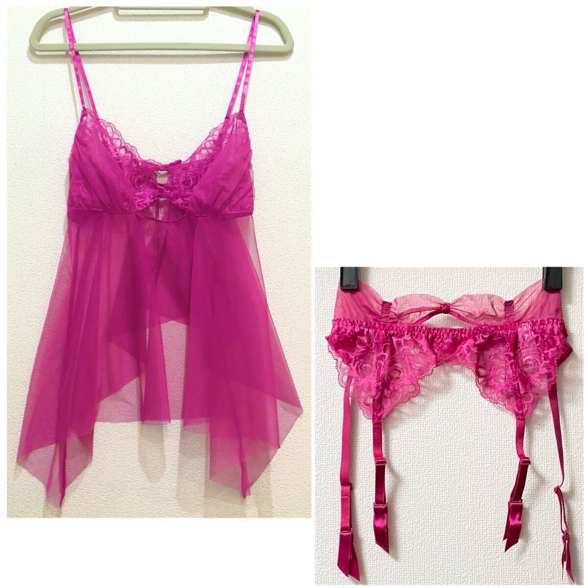 ●未使用● desir triumph デジール トリンプ キャミソール ガーターベルト セット 80 M 透け感 シフォン ピンク リボン レース拍卖