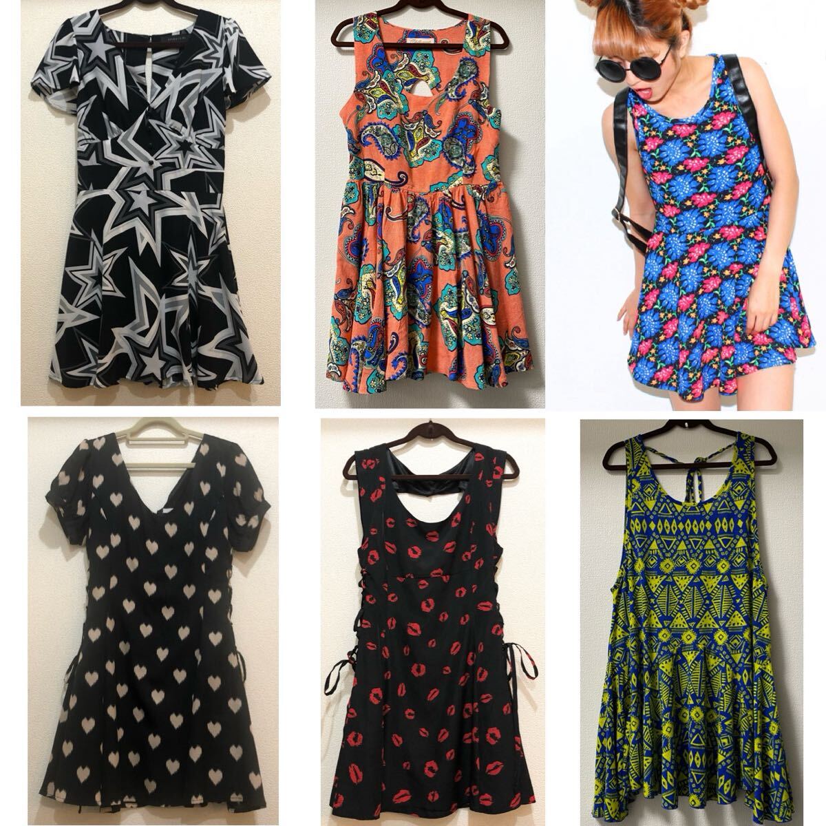 ●送料無料 新品あり●ブランド物のみ● 派手柄 ワンピース セット / 総柄 ハデ ハート キスマーク 星 ペイズリー ANAP spiral girl 等拍卖
