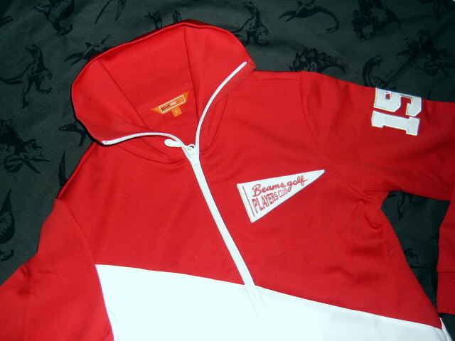 処分!¥100~ビームスゴルフBEAMSGOLF Lサイズ 日本製ジップアップ長袖ジャケット/ジャンパー レッドxホワイト 中古良品拍卖