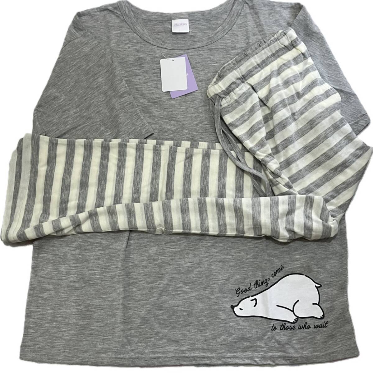 新品 タグ付き シロクマ パジャマ 上下セット レディースMサイズ グレー ズボン ボーダー柄 半袖 ルームウェア拍卖