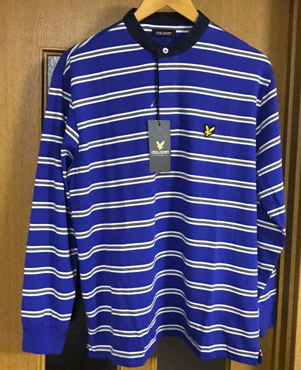 新品 タグ付き ライルアンドスコット 長袖 ヘンリーネック シャツ tシャツ 青色 ボーダー柄 メンズLサイズ 襟なしポロシャツ拍卖