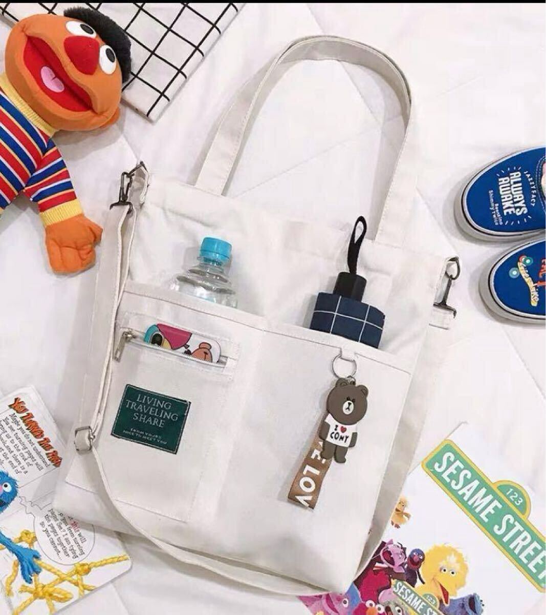 キャンバス トートバッグ 2way レディースショルダーバッグシンプル 通勤通学 ホワイト拍卖