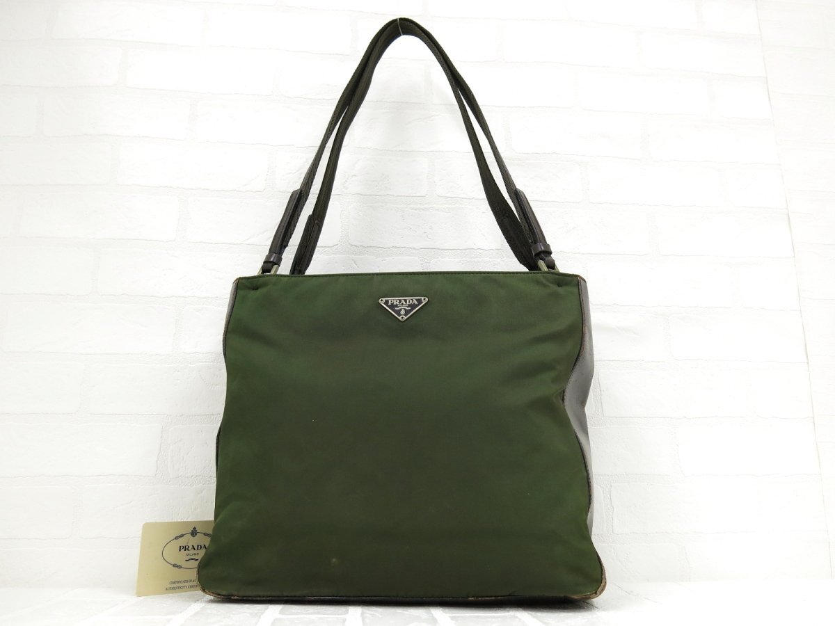 ◆PRADA プラダ◆ナイロン カーフ レザー 本革◆ショルダー バッグ◆グリーン ブラウン◆イタリア製◆三角ロゴプレート◆A12438拍卖