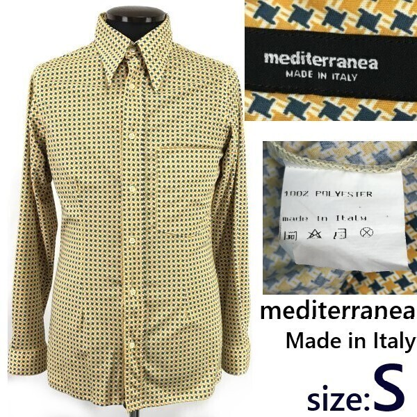 イタリア製★メディテラネア/mediterranea★長袖シャツ【メンズS/黄×紺/yellow×navy blue】レトロ調/ストレッチ/Tops/Shirts◆sBH884拍卖
