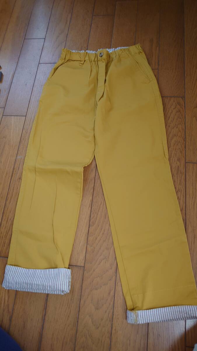 美品グローバルワーク黄色の薄手 長ズボン折り返しボーダーXXLからし色 日焼け防止 虫刺され予防拍卖