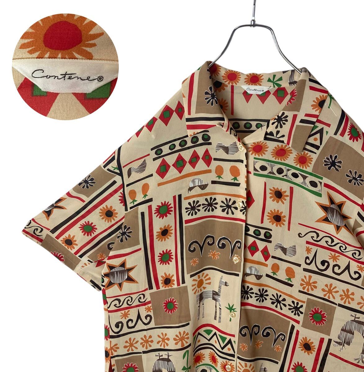 レトロ古着アフリカンバティック風総柄デザイン テロテロ素材半袖シャツゆったり拍卖