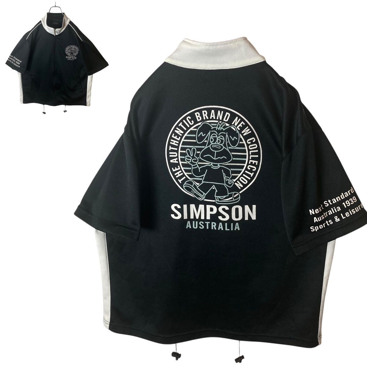 90sレトロ古着ビッグアニマル刺繍半袖ブラックジャージトラックジャケットゆったり拍卖