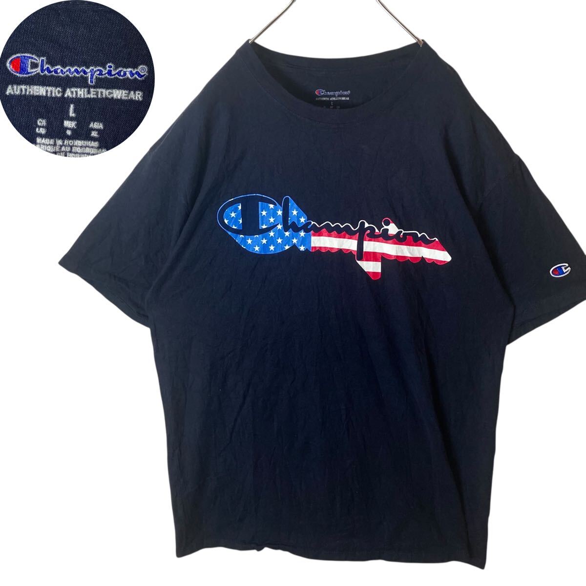 グッドデザイン古着チャンピオン星条旗でかロゴブラックTシャツゆったりサイズ拍卖