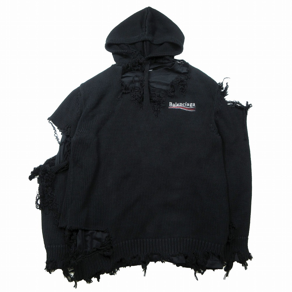 21AW バレンシアガ BALENCIAGA 662718 T3212 デストロイド ニットパーカー ブラック キャンペーンロゴ XS ユニセックス 【中古】 /TNT拍卖