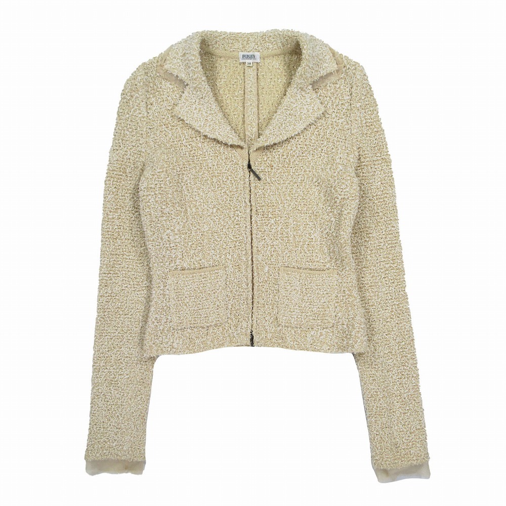 FOXEY BOUTIQUE フォクシー フェザー ツイード ジャケット ダブルジップ チュール装飾 サイズ38 S ベージュ レディース 【中古】拍卖