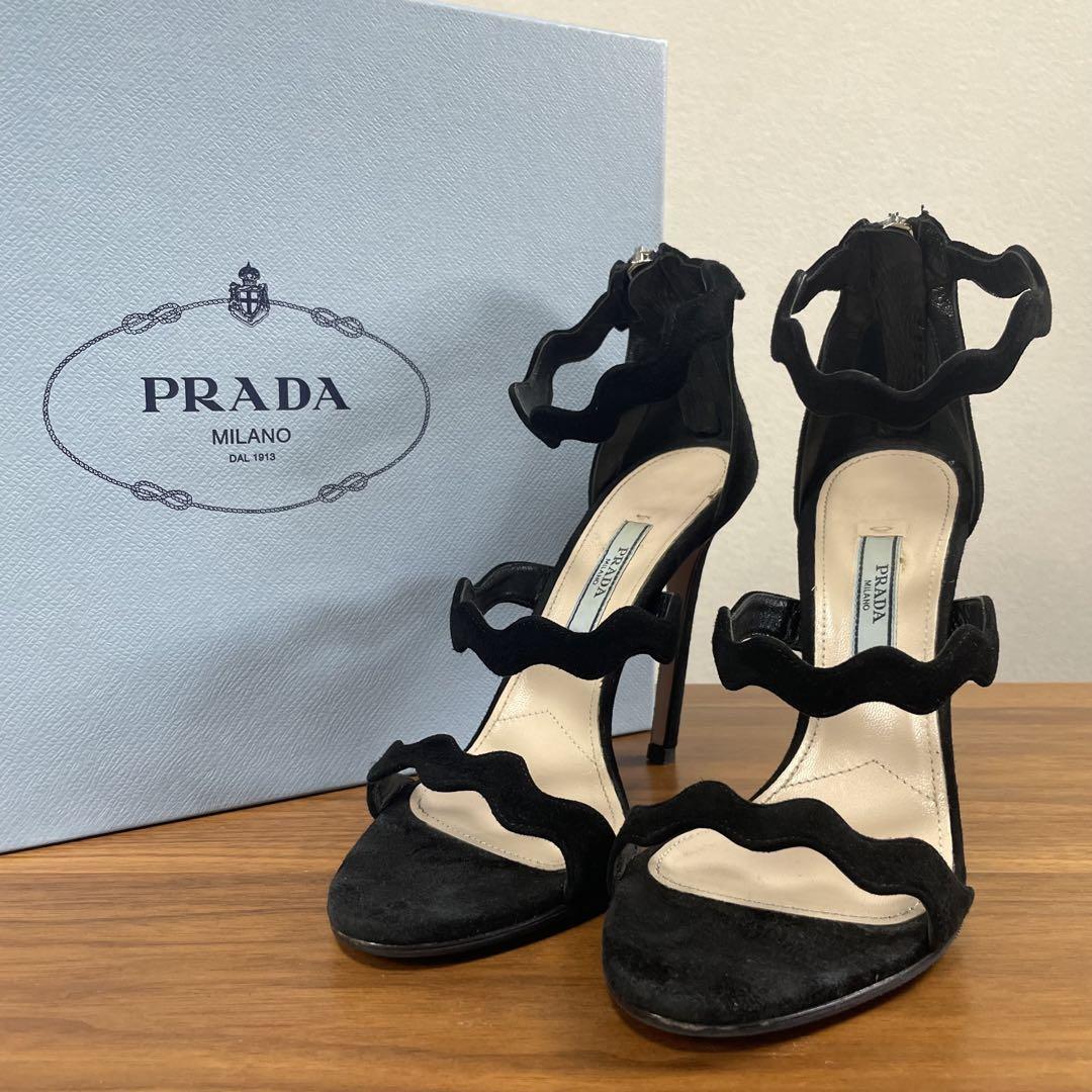【極美品】PRADA★3連スカラップカット サンダル ハイヒール スエード 黒拍卖