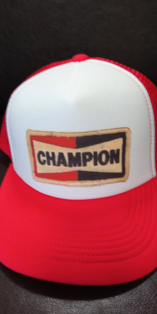即決★シングルナイロンメッシュキャップ プリント柄【CHAMPION】赤×白拍卖