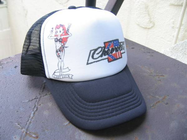 即決★シングルナイロンメッシュキャップ プリント柄【LADY LUCK シボレー フラッグ】黒拍卖