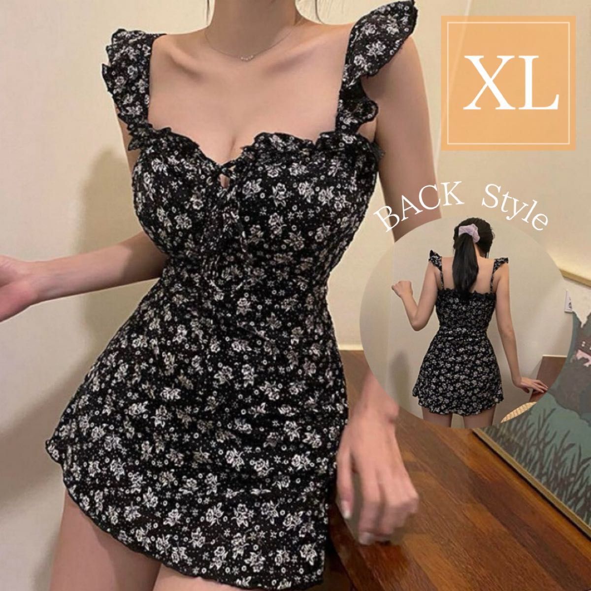 ワンピース水着 XL LL ブラック 黒 小花柄 体型カバー ショートパンツ 一体型 細見え 大人 シンプル フリル拍卖