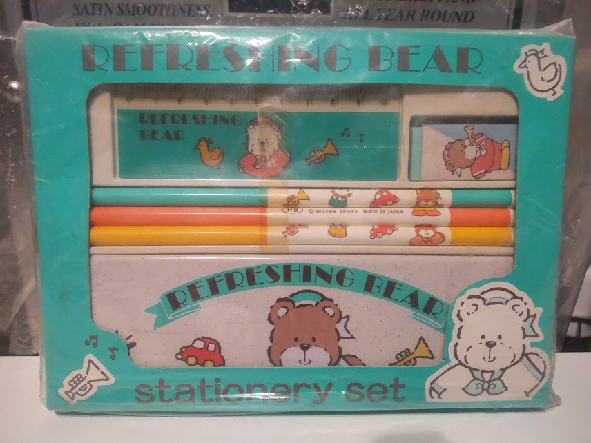 廃番★レトロ★日本製★80年代 当時物 ファンシー系 REFRSHING BEAR クマ ベアー 文具セット 鉛筆 定規 消しゴム 筆箱 ペンケース 筆記用具拍卖