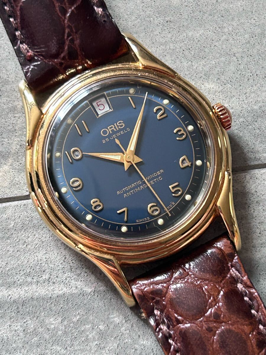 美品 ORIS オリス 7317 AT 自動巻き アンチマグネティック ネイビー文字盤 ゴールド デイト メンズ腕時計 稼働中拍卖