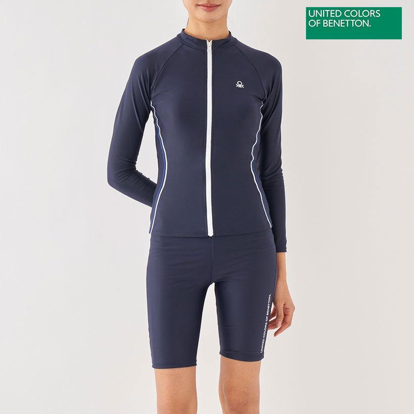 9号 Mサイズ 新品 BENETTON ベネトン 長袖 セパレーツ フィットネス水着 紺色 ネイビー レディース フルジップタンキニ 送料無料 匿名配送拍卖