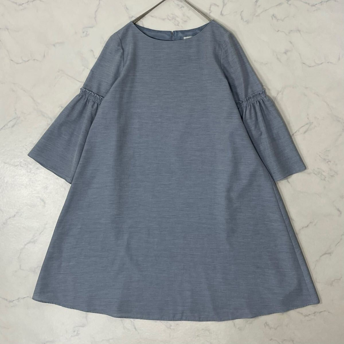 美品 KUMIKYOKU クミキョク 日本製 大きめ 切替 杢調 裏地付き ギャザー ボタン クルーネック フレアスリーブ 長袖 ひざ丈 ワンピース 2拍卖