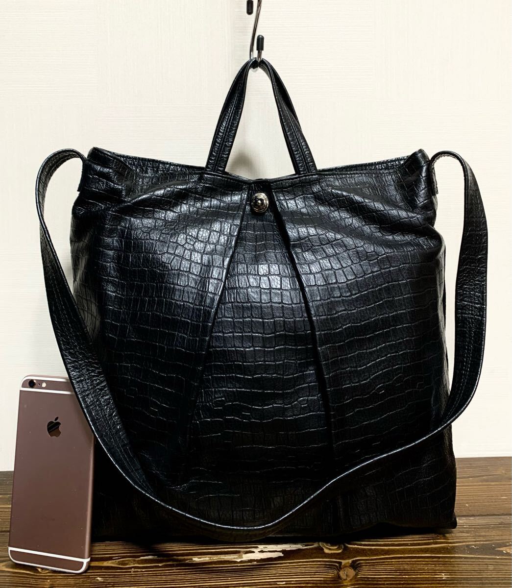 未使用:オリジナル.クロコ型押し レザー トート バッグ(黒/2WAY/ショルダーバッグ/上質.牛革/H35W36D12/ヘルメットバッグ/aniary zer lgb)拍卖