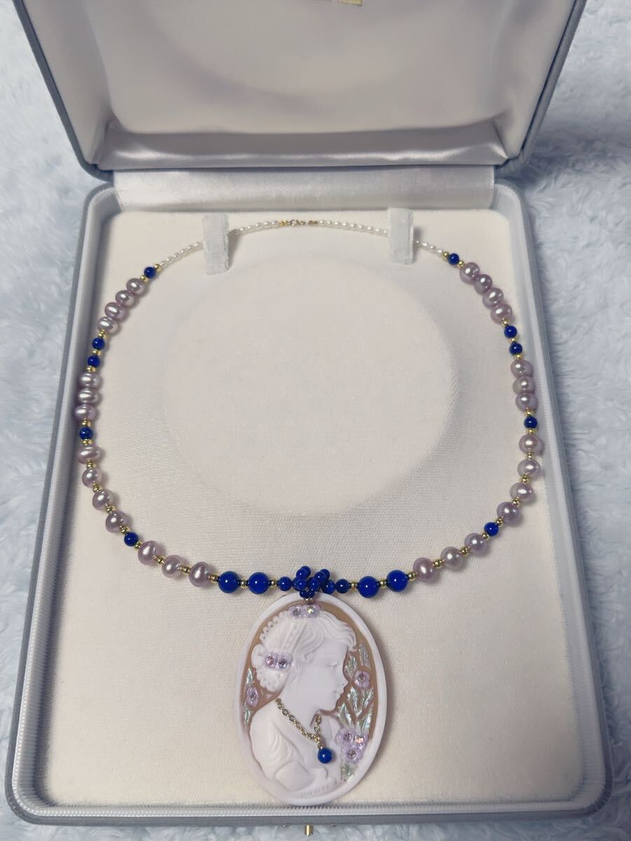 K18金パール&ラピスラズリ&シェルカメオコンビデザインネックレス 44cm拍卖