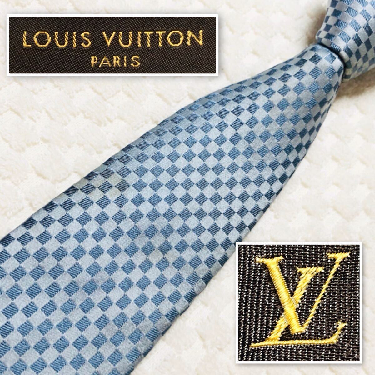 LOUIS VUITTON ルイヴィトン クラヴァット ネクタイ マイクロダミエ 総柄 シルク100% イタリア製 ライトブルー ビジネス拍卖