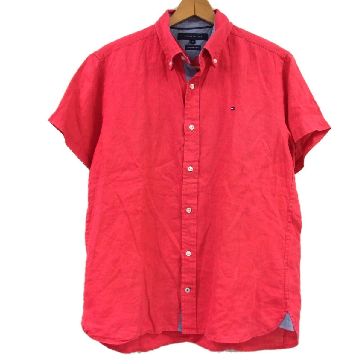 $ 美品 $ 希少カラー♪■ TOMMY HILFIGER トミーヒルフィガー■ ボタンダウン 麻・ 半袖 シャツ■メンズ M ■ 赤 ピンク ■ ロゴ刺繍 ■ 夏拍卖
