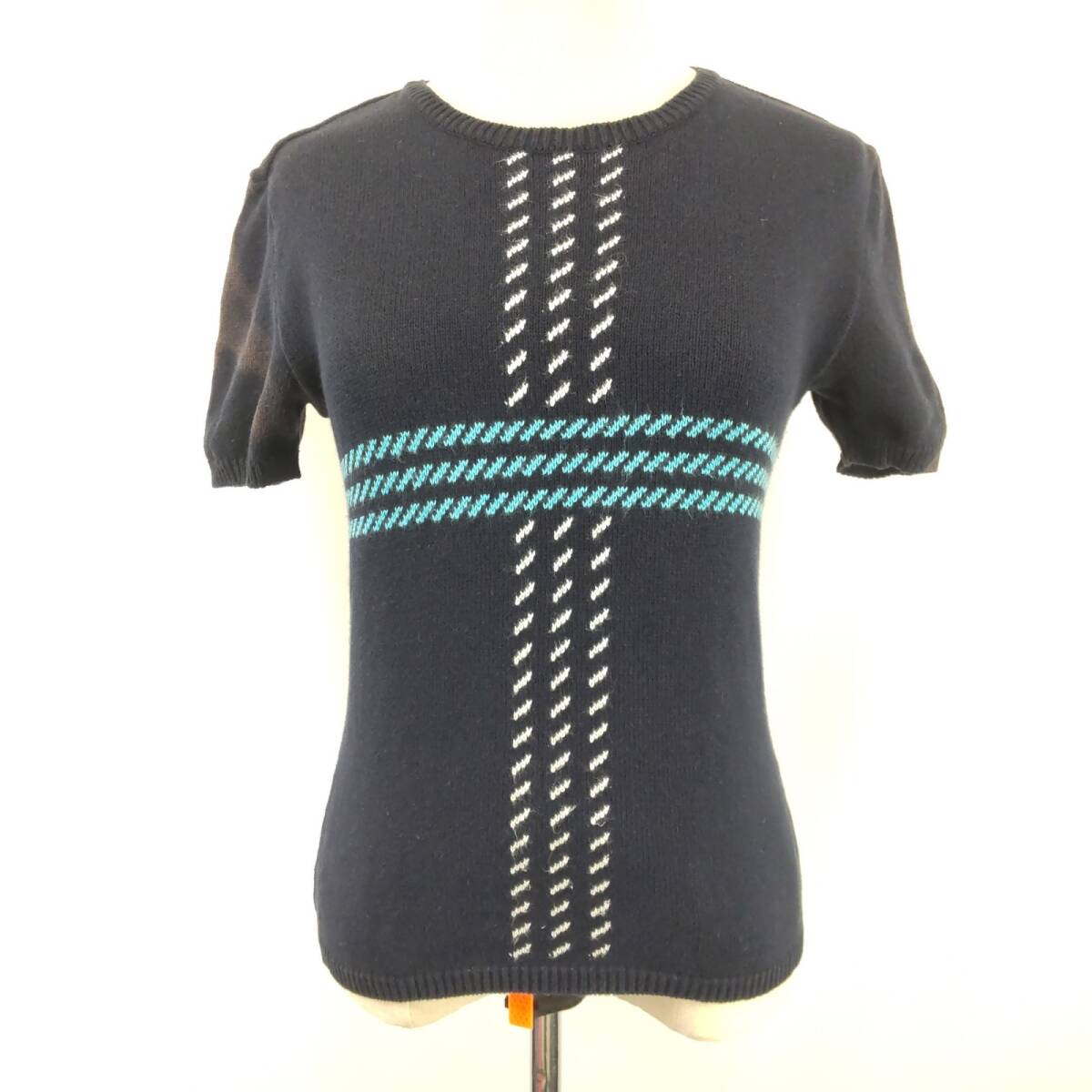 三陽商会製★BURBERRY BLUE LABEL【バーバリーブルーレーベル】 半袖ニットセーター【レディースM/黒/black】コットン/Tops/knit◆BJ045-d拍卖