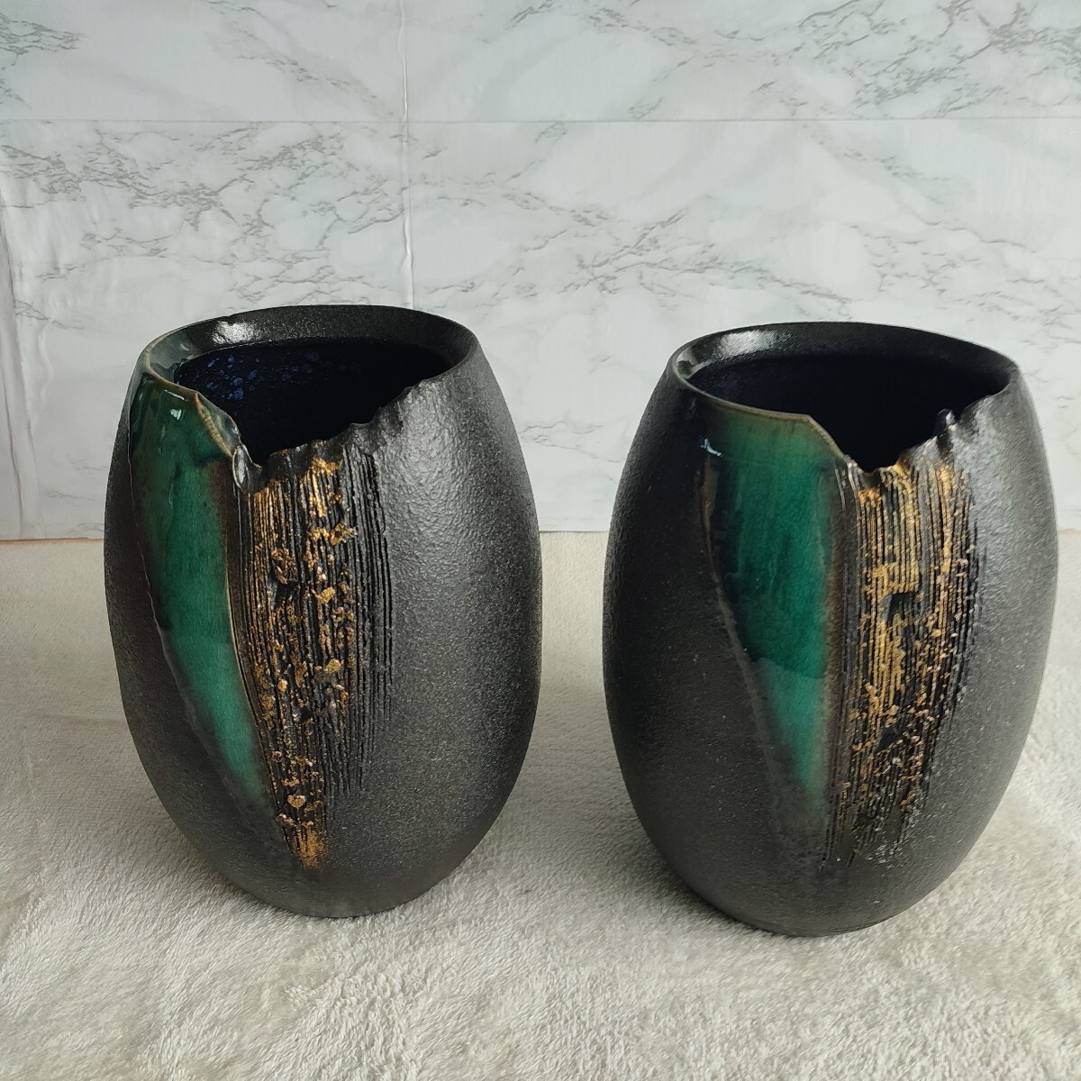 【美品】花瓶 信楽焼 フラワーベース 大きめ 緑釉金彩 陶器 2個セット拍卖