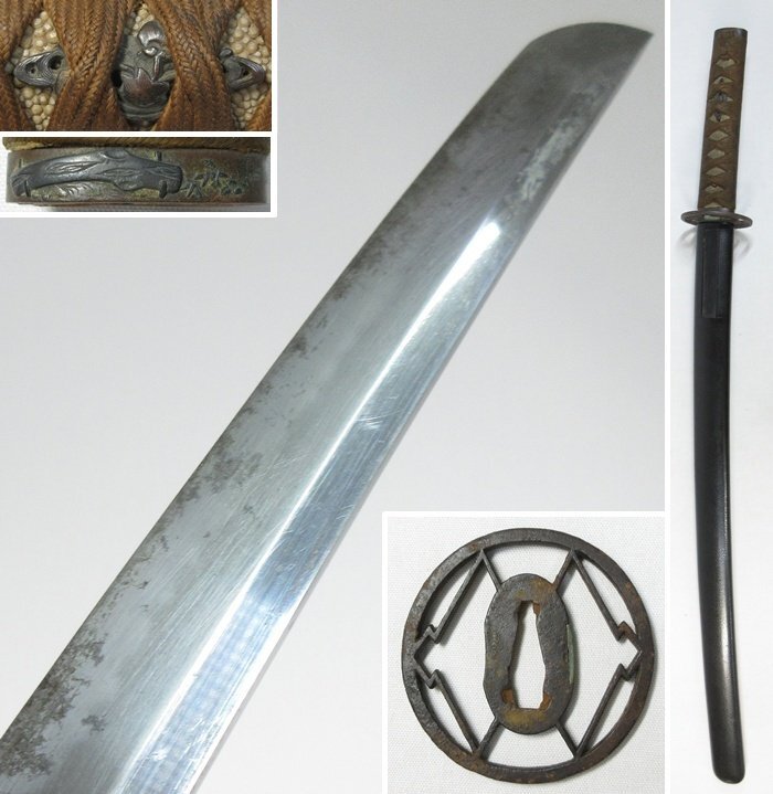 【B0185】刀剣 脇差 脇指 無銘 刀身錆身 外装 拵え付き 鉄地 二階菱透かし鍔 50.9cm 是非仕上げてください!拍卖