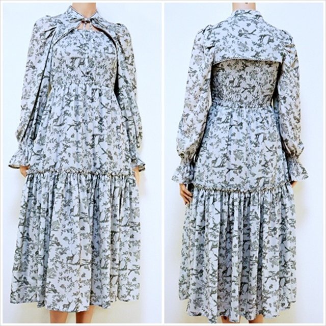 CX3-033//美品/axes femme POETIQUE☆フィットアンドフレア*森の動物達が描かれたトワルドジュイ風柄ワンピース※▲【8/14~17日は休業】拍卖