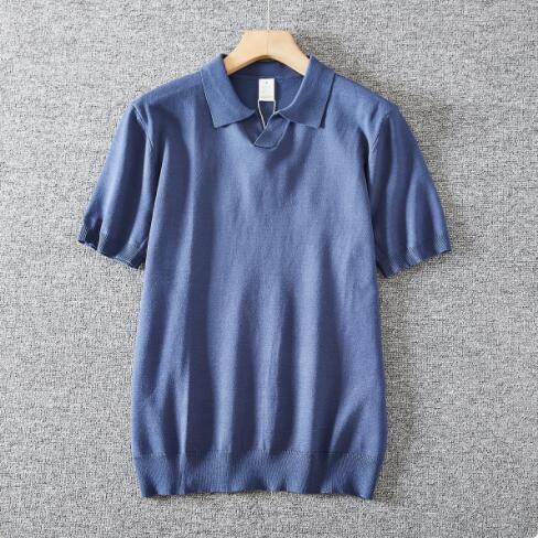 新入荷冷感 半袖 ニットポロシャツ テンセル混 サマーニット メンズ ゴルフウェア 薄手 涼しい スキッパー ニットtシャツ/青灰拍卖