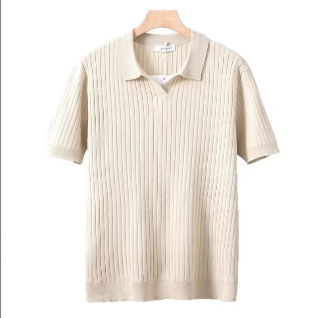 人気3XL新品サマーニット メンズ ゴルフ ストレッチ 半袖ポロシャツ テンセル混 ストライプ 夏薄手 スキッパー Tシャツ/ベージュ拍卖