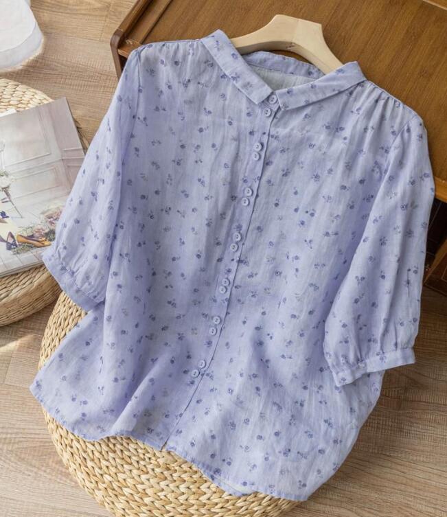 人気新品綿麻 シャツ レディース ブラウス チュニック ブラウス 七分袖 リネン シャツ ナチュラル 着痩せ ゆったり 可愛い ブルー拍卖