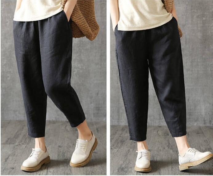 人気 レディースボトムス 大人 ズボンカジュアル 20304050代 ゆったり 綿麻パンツ サルエルパンツ おしゃれ F 黒拍卖