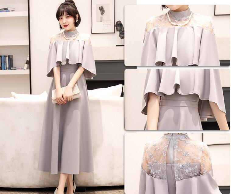 新作美品/厚手上質発表会/演奏会/司会/パーティ/舞台グレー+レースロングドレス ケープ型拍卖