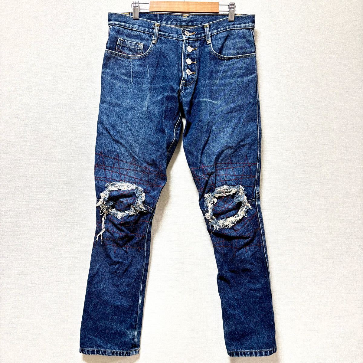 リペア風デザインジーンズ!【IREE】デニム パンツ ブルー ボタンフライ スリム 細身 リメイク 立体裁断 メンズ サイズM 相当/Y33943SS拍卖