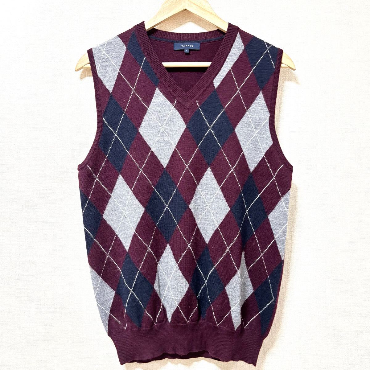 ゴルフにおすすめ!【TAKA-Q】タカキュー ニット ベスト バーガンディ 赤 Vネック アーガイル チェック 柄 薄手 メンズ サイズL/Y33973SS拍卖