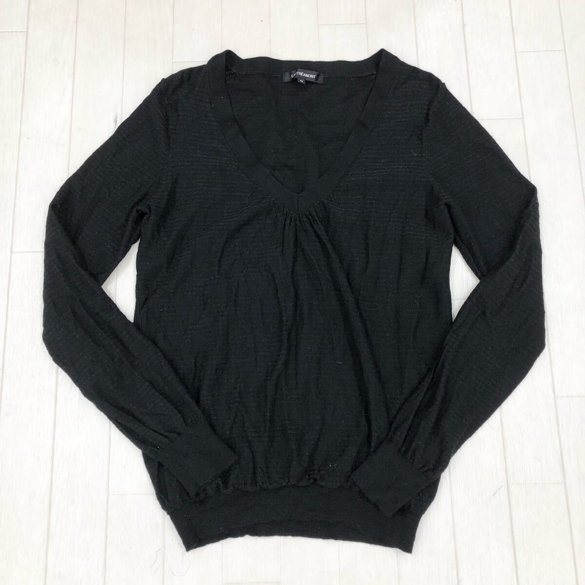 1780〓 LAUTREAMONT ロートレアモン 長袖ニットセーター レディース サイズ40 ブラック ボーダー キラキラ ニットカットソー Vネック拍卖