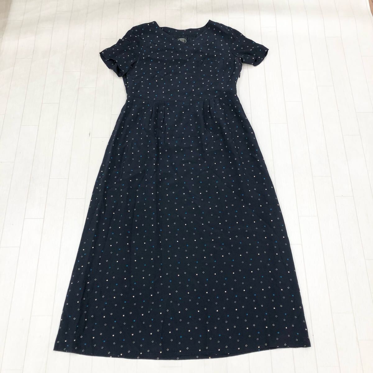 1780〓 LAURA ASHLEY ローラアシュレイ 半袖ワンピース レディース サイズ13 総柄 ダークネイビー ロングワンピース マキシ丈 足首丈拍卖