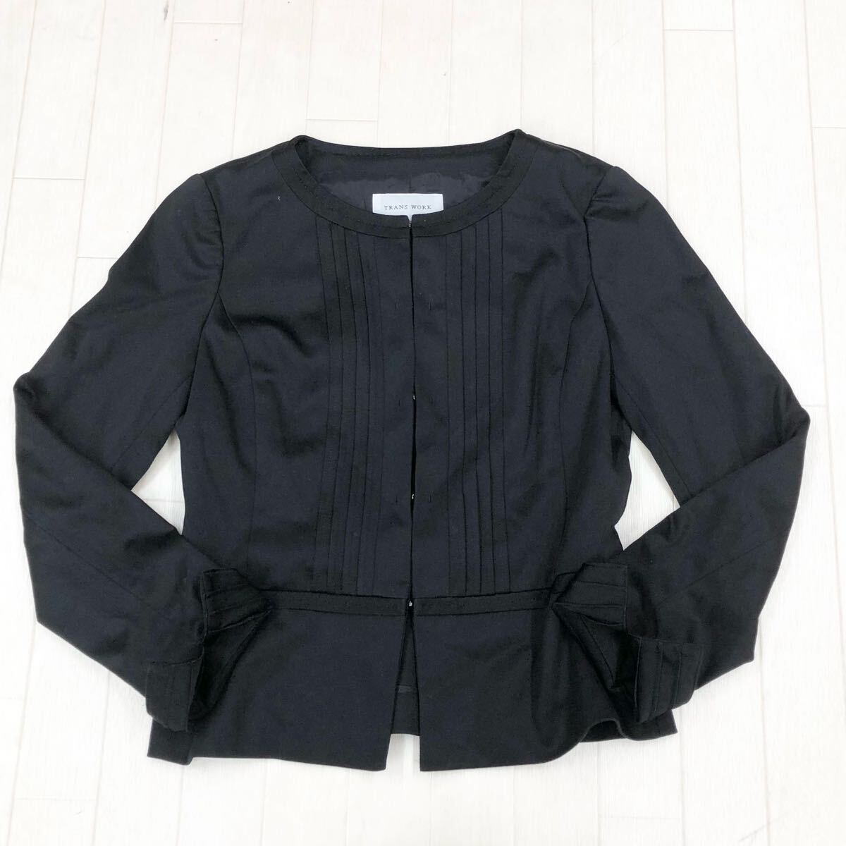 1785〓 TRANS WORK トランスワーク ノーカラージャケット レディース サイズ38 トップス 上着 ブラック フックボタン拍卖