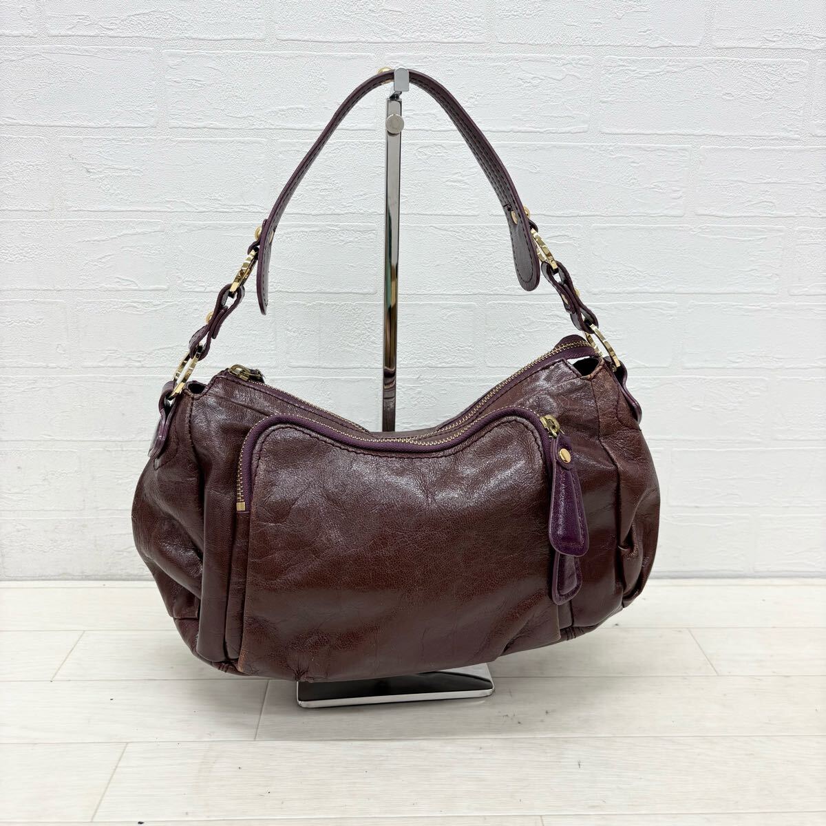 1793〓 SAZABY サザビー ハンドバッグ ダークブラウン パープル レディース 鞄 手提げ鞄 革製 レザーバッグ カジュアル拍卖