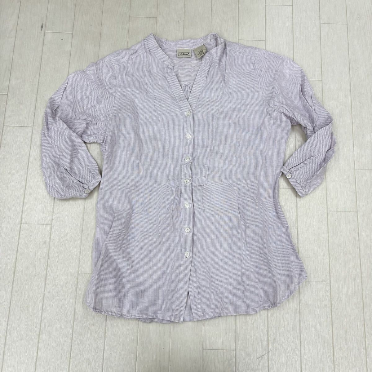 1800〓 L.L.Bean エルエルビーン ボタンシャツ レディース サイズM ライトパープル 細ストライプ トップス 六分袖ほど リネンシャツ拍卖