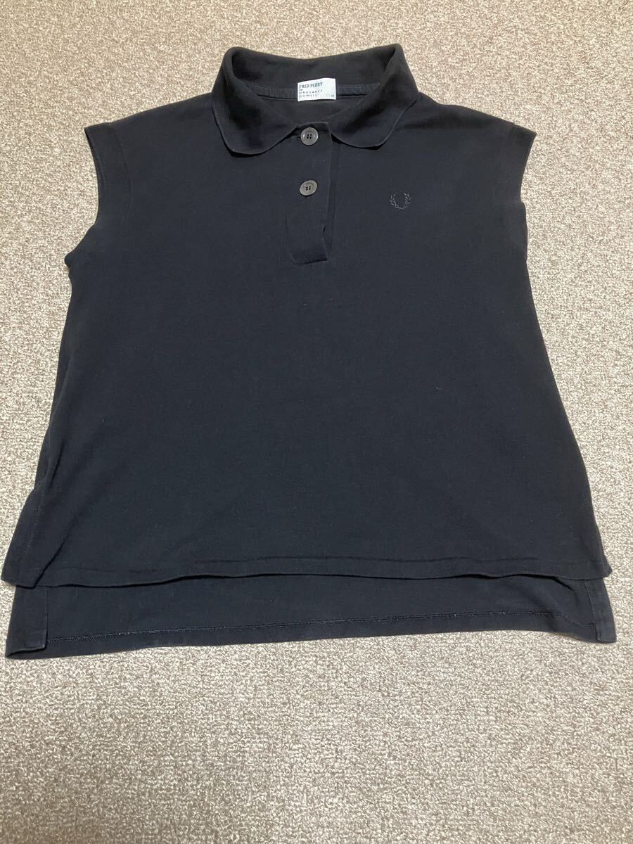 MARGARET HOWELL × FRED PERRYコラボ フレンチスリーブ?ポロシャツレディースL位サイズUK10 黒マーガレットハウエル×フレッドペリー別注拍卖