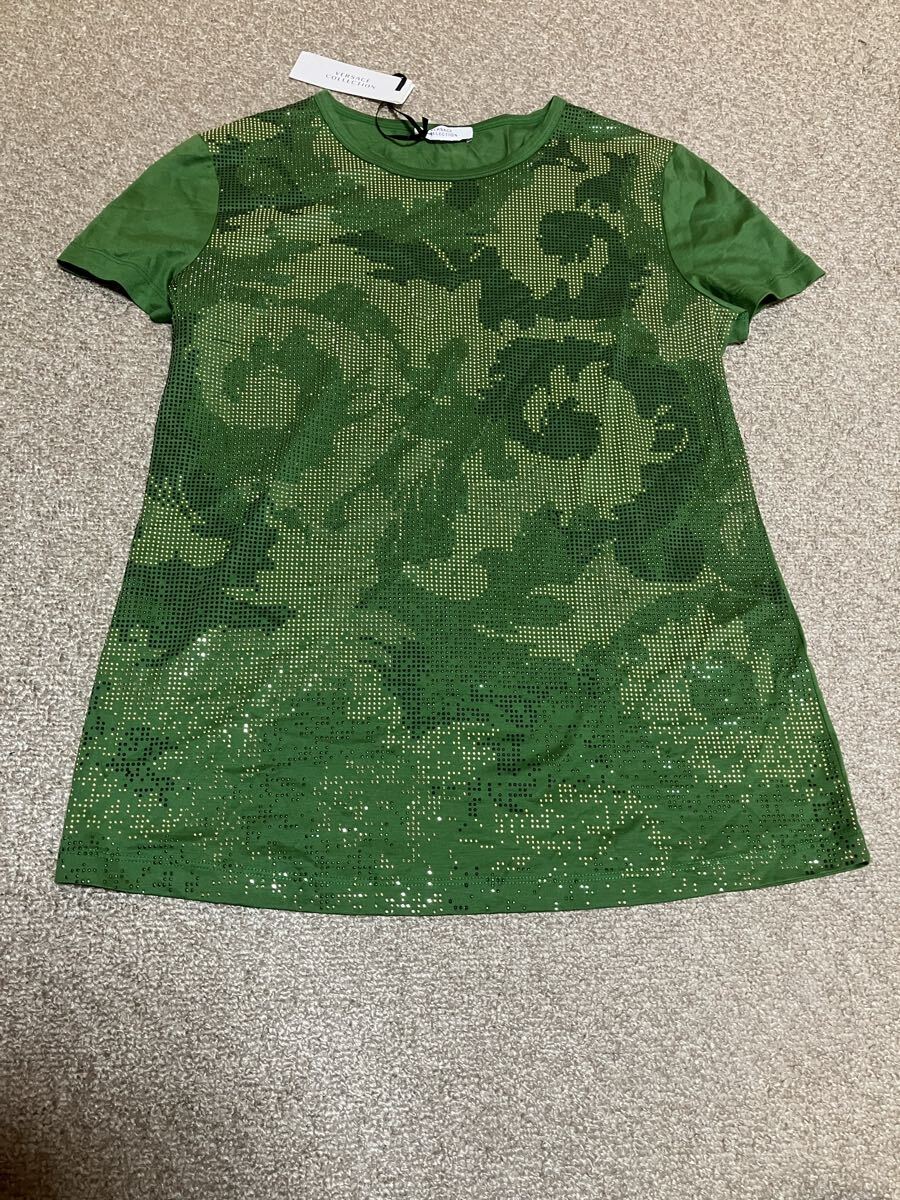 鑑定済み真正規品☆未使用保管品☆versace collectionヴェルサーチ ヴェルサーチェ ベルサーチレディース ラインストーンTシャツカットソー拍卖