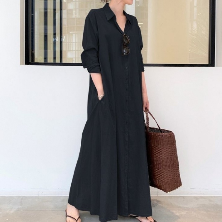 「同梱1万円送料無料」秋新作*カジュアル*ナチュラル*ゆったり大きいサイズ*無地*長袖*マキシロングシャツワンピース*黒 2XL拍卖