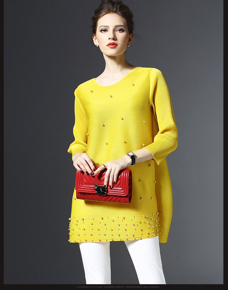 「同梱1万円送料無料」レディーストップスプリーツpleats 長袖シャツブラウス上着肌触り弾力ドレープ性 がいいビーズ飾りイエロー拍卖