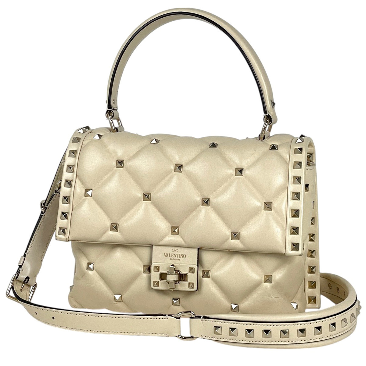 ヴァレンティノ・ガラヴァーニ Valentino Garavani ロゴ ロックスタッズ ハンドバッグ 2WAY ハンドバッグ レザー ホワイト 中古拍卖