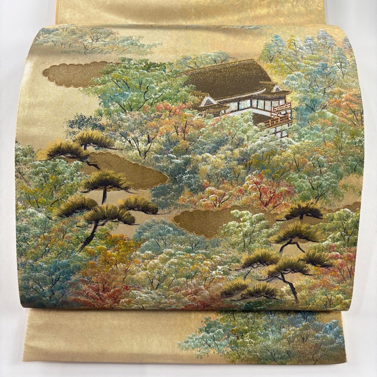 袋帯 美品 名品 風景 建物 螺鈿 箔 金色 お太鼓柄 正絹 【中古】拍卖