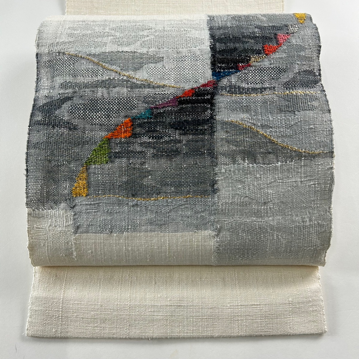 名古屋帯 秀品 トンネル仕立て 八寸名古屋帯 幾何学模様 金糸 箔 クリーム 正絹 【中古】拍卖